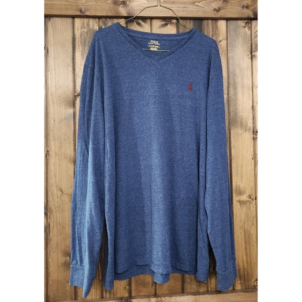 Polo Ralph Lauren Mens XL Long Sleeve V Neck Shirt Heather Blue with‎ Red Pony